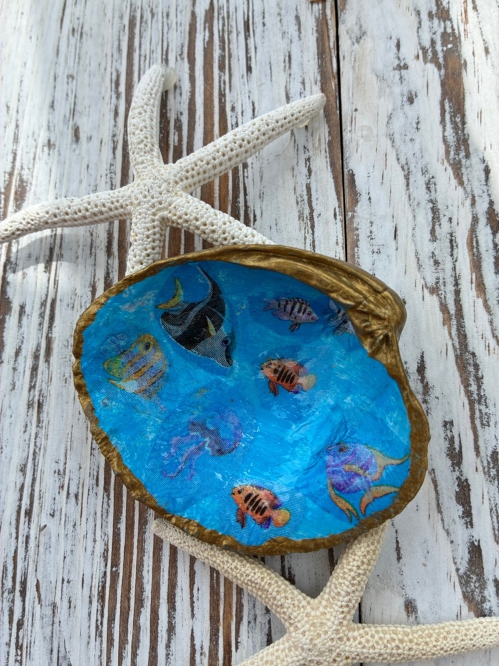 Handcrafted Seashell Jewelry Trinket Ring Dish with Tropical Fish
